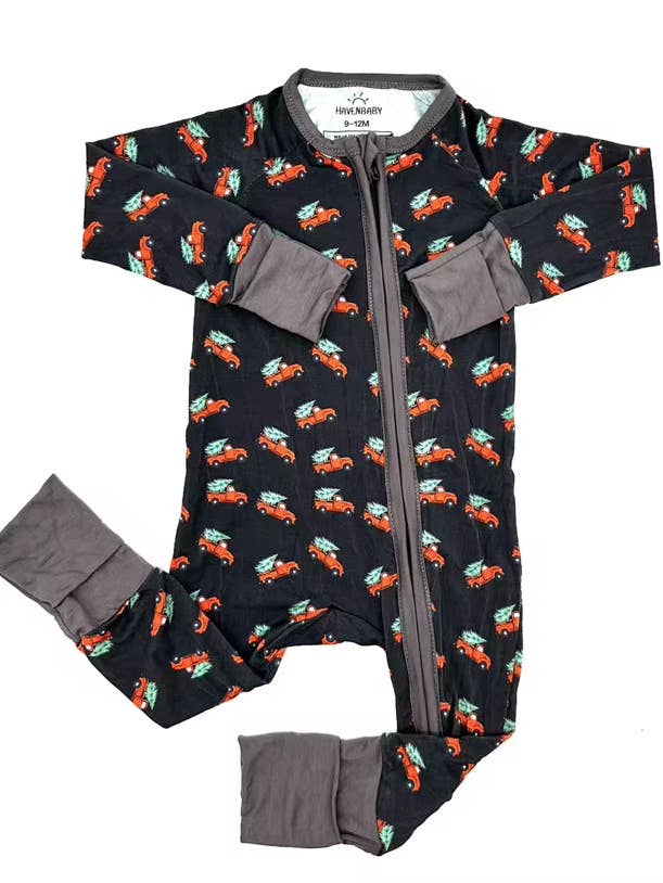 Big Red Truck in Black Bamboo Romper for wholesale by Havenbaby