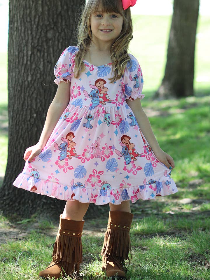 Kids Charm Online - Wholesale Dress - Kids - Lt.pink character printed girls dress w/bubble sleeve. DRG51603 AMY