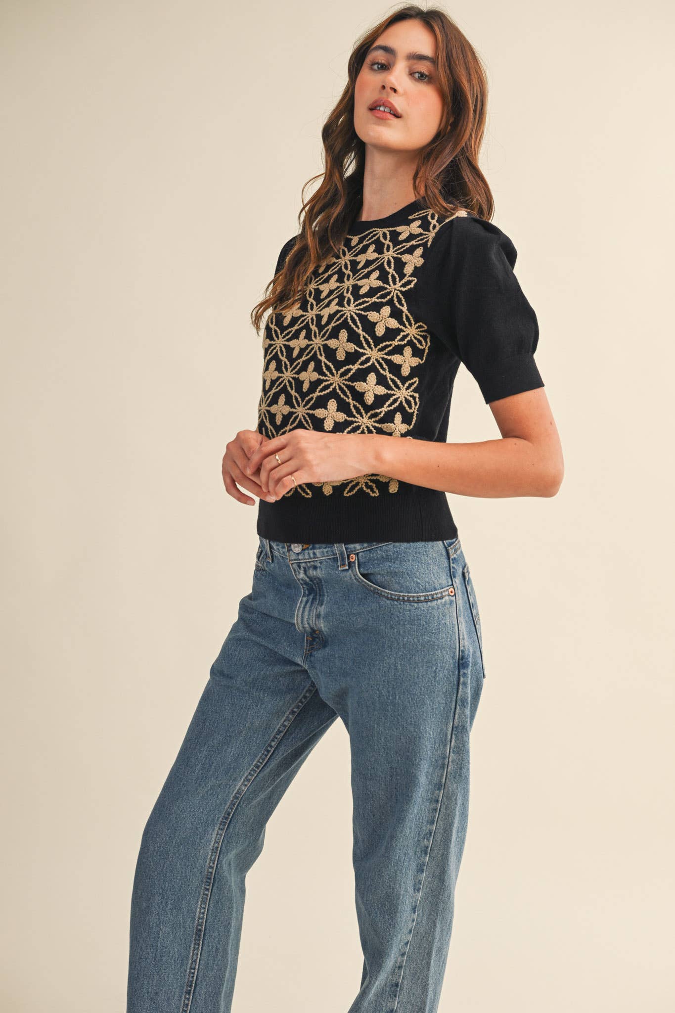 &MERCI - Wholesale Knit Sweater - Women's - SHORT PUFF SLEEVE EMBROIDERY FRONT SWEATER MSW108326