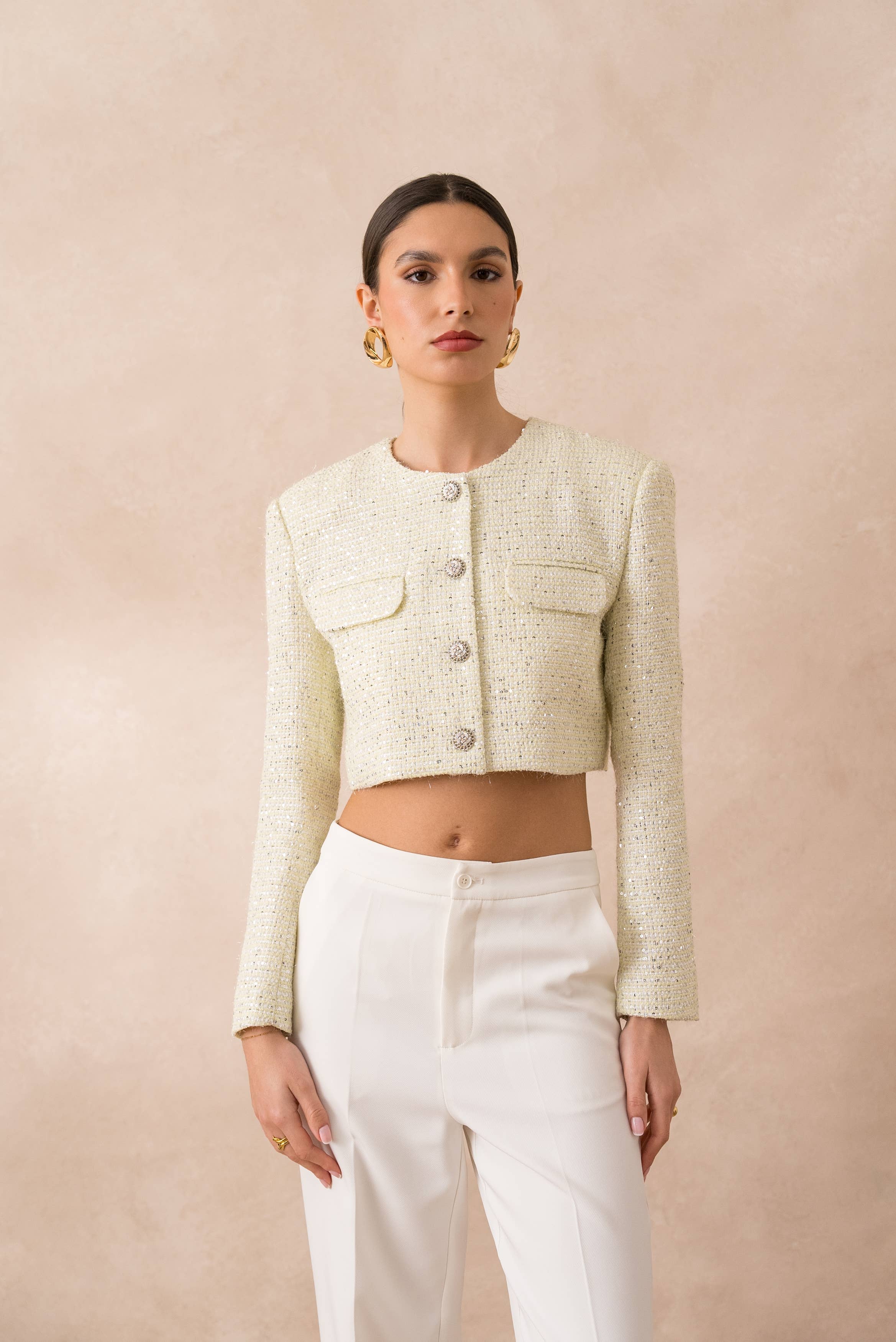 Attentif Paris – Großhandel Jacke – Damen – Kurze Tweedjacke mit Pailletten ohne Kragen19