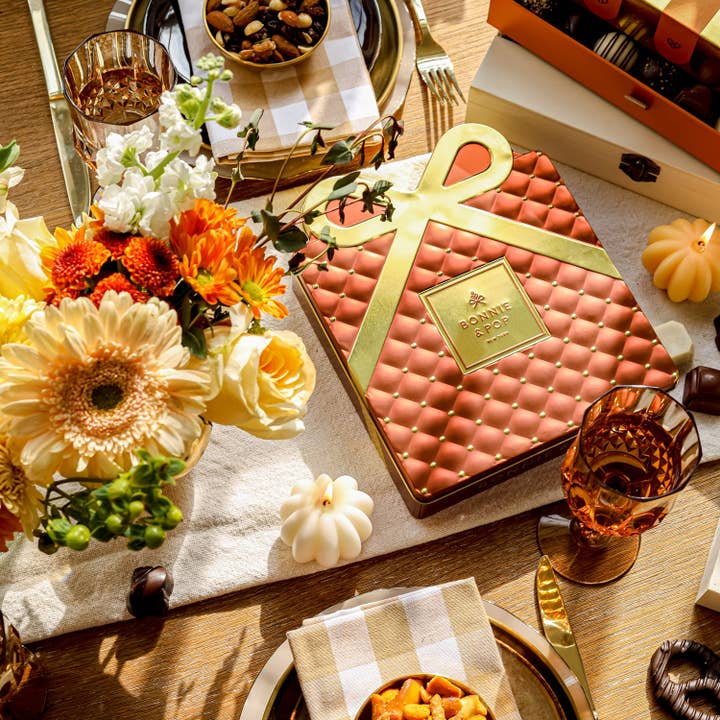 Bonnie & Pop - Wholesale Chocolate Box - Gourmet Chocolate Gift Box – Elegant Bow Tin with Belgian Truffles- Copper5