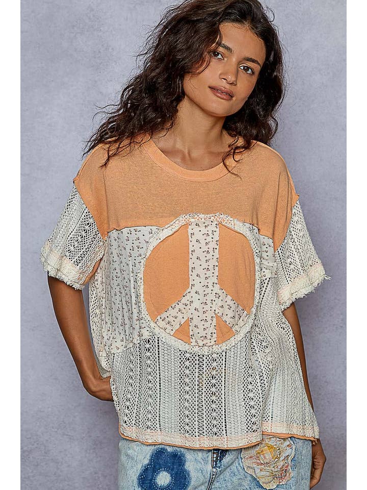 Pol Clothing - Wholesale Knit Top - Women's - Oversize round neck crochet print peace mark top SALE