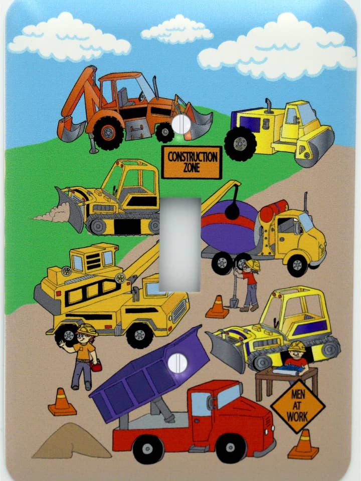 Konstruktionsljusbrytarplattor täcker enstaka växling med bulldozers, traktorer, cementbil, och dumper för wholesale av Presto Chango Decor