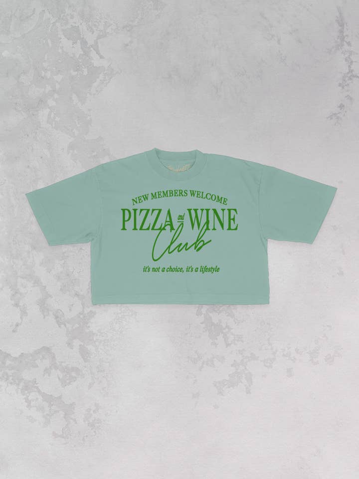 The Clandestine Underground - Wholesale Screen Printed T-Shirt - Women's - Pizza + Wine Club, Lifestyle Cropped T-Shirt1