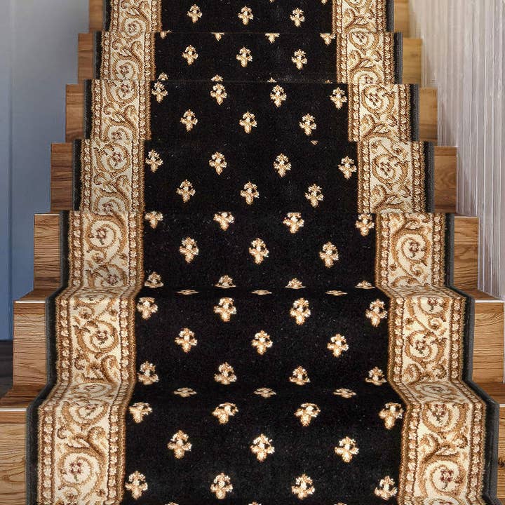 Custom Size Hallway & Stair Runner Fleur de Lis Traditional Black 27 Inch Wide x Choose Your Custom Length Runner Rug for wholesale by Well Woven
