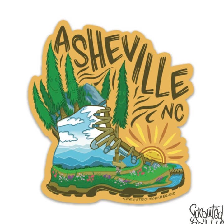 Asheville Sticker - Nature Mountain Hiking Boot for wholesale by Sprouted Scribbles