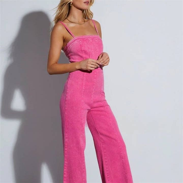 FurDecoration - Wholesale Jumpsuit - Women's - Solid Color Denim Slim Fit High Elastic Flared Jumpsuit