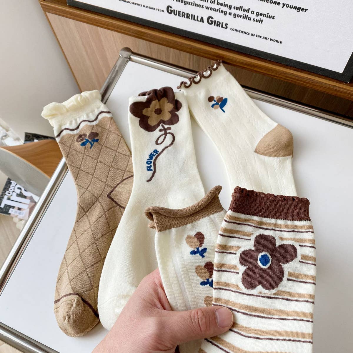 ACCITY - Wholesale Socks - Women's - White coffee color Floral Print Crew Socks_CWMS02986