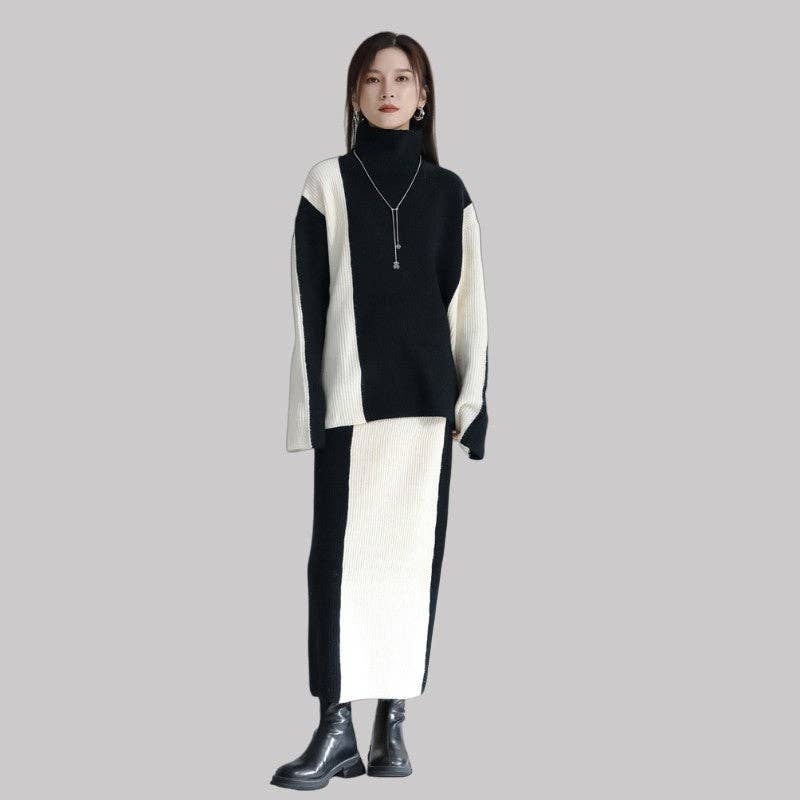 WHITE BLACK Color-Blocked Knit Top And Skirt Set for wholesale on Faire0
