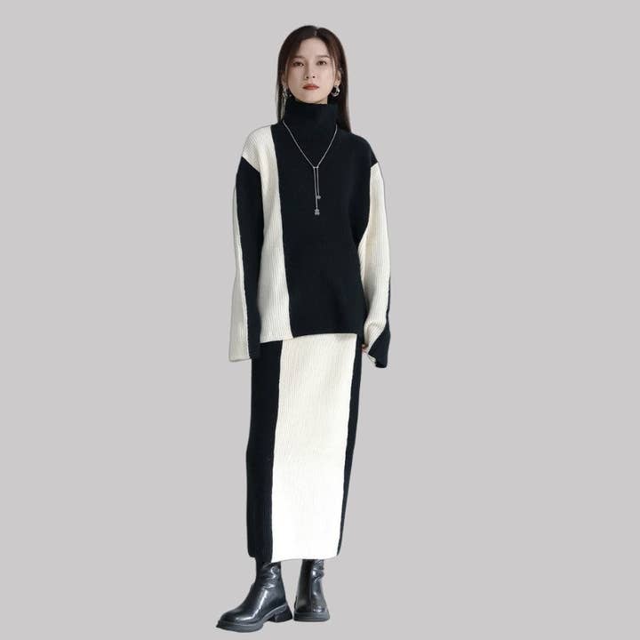 WEISS+SCHWARZ Farbblockiertes Strickoberteil und Rock-Set für den Großhandel auf Faire