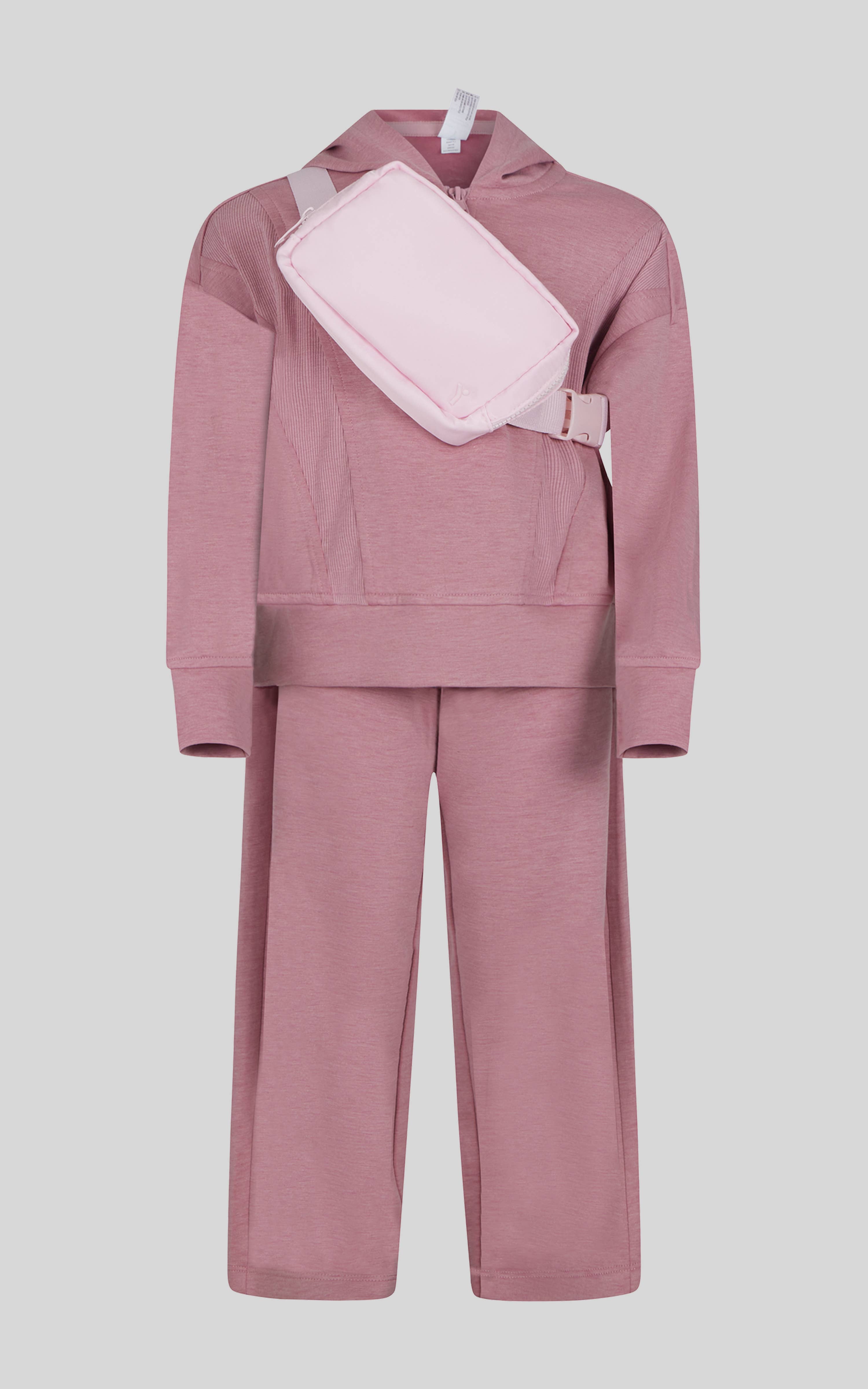 90 Degree by Reflex & Yogalicious - Wholesale Top & Pant Set - Kids - Little Girls Half Zip Hoodie, Wide Leg Pant, Fanny Bag  Set4