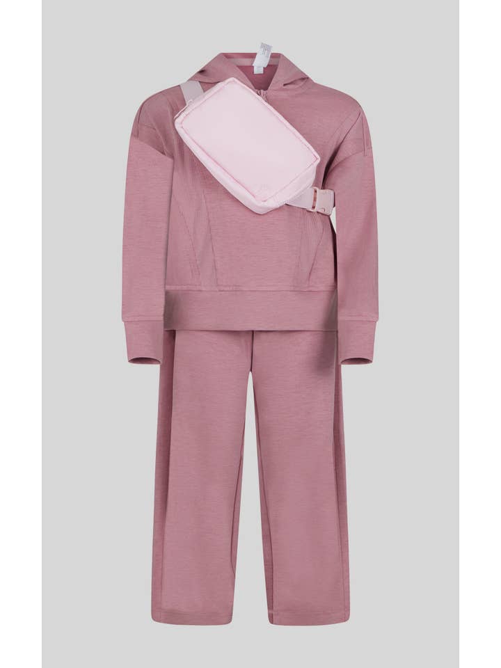 90 Degree by Reflex & Yogalicious - Wholesale Top & Pant Set - Kids - Little Girls Half Zip Hoodie, Wide Leg Pant, Fanny Bag Set4