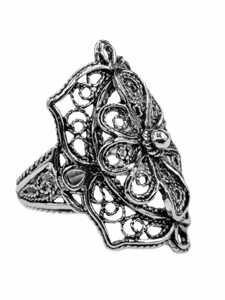 Anel de Declaração Prateado com Bordado de Renda Artística para Mulheres por atacado de Filigranist Jewelry