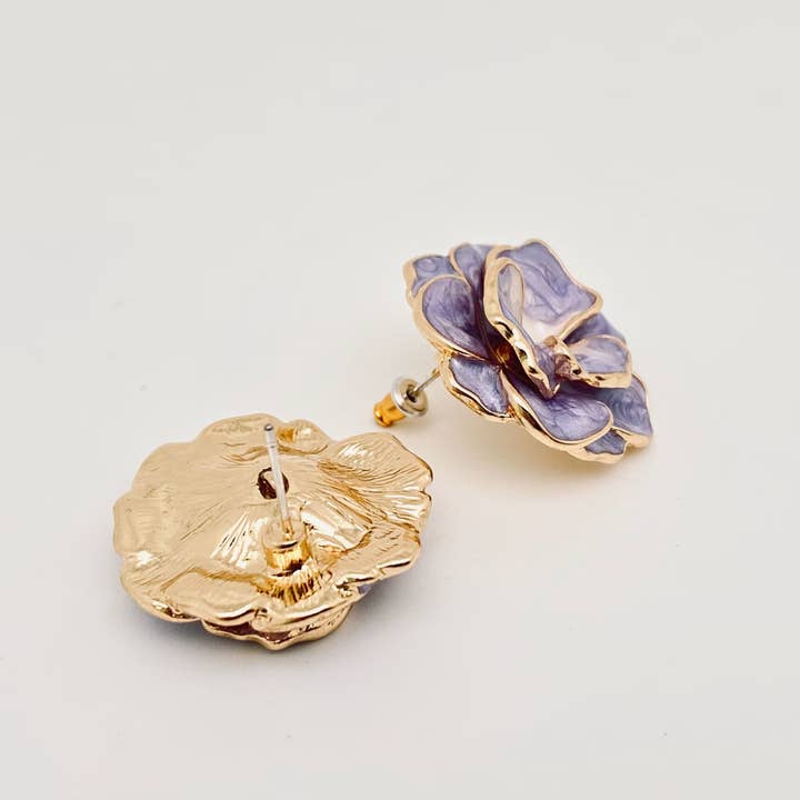 Mio Queena - Wholesale Stud/Post Earrings - Vintage Double Layer Enamel Purple Flower Ear Studs
