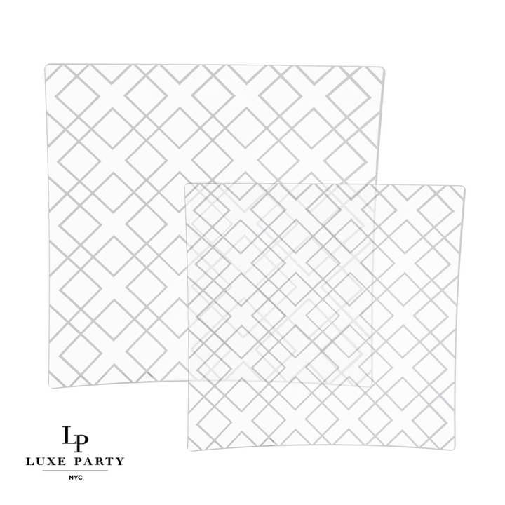 Square Clear • Silver Art Deco Pattern Plastic Plates | 10 Plates for wholesale by Luxe Party