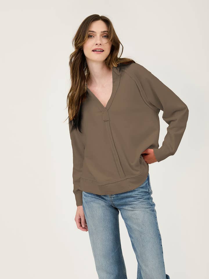 Blu Pepper - Wholesale Knit Top - Women's - PLUS HOODED V NECK RAW EDGE LONG SLEEVE KNIT TOP