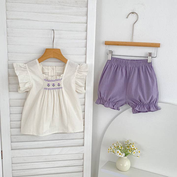 Summer Baby Kids Flowers Pattern Fly Sleeves Top and Plain Shorts Clothing Set for Girls for wholesale by MyKids-USA®