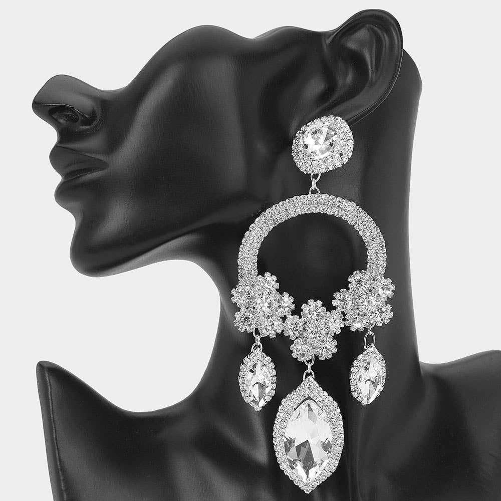 Sensibling Corp. – wholesale Dangle earrings – Oversized Rhinestone Paved Triple Flower Marquise Glass Stone Cluster Link Drop Chandelier Evening Earrings3