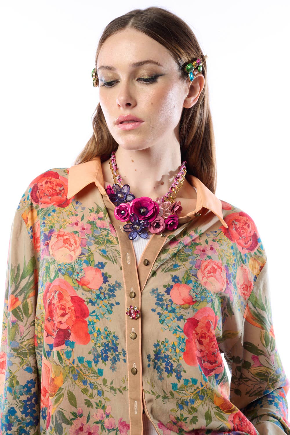 Vintage-Smaragd Roma-Hemd | Florales Button-Down-Hemd | Pailletten-Mesh-Detail für den Großhandel auf Faire2