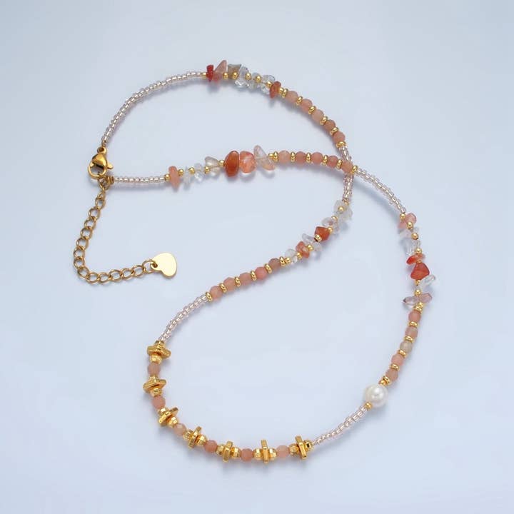 Handmade Pink Rose Quartz Beaded Chain Necklace with Freshwater Pearl 15.35 Inch with Extender | WA2570 for wholesale by Aim Eternal