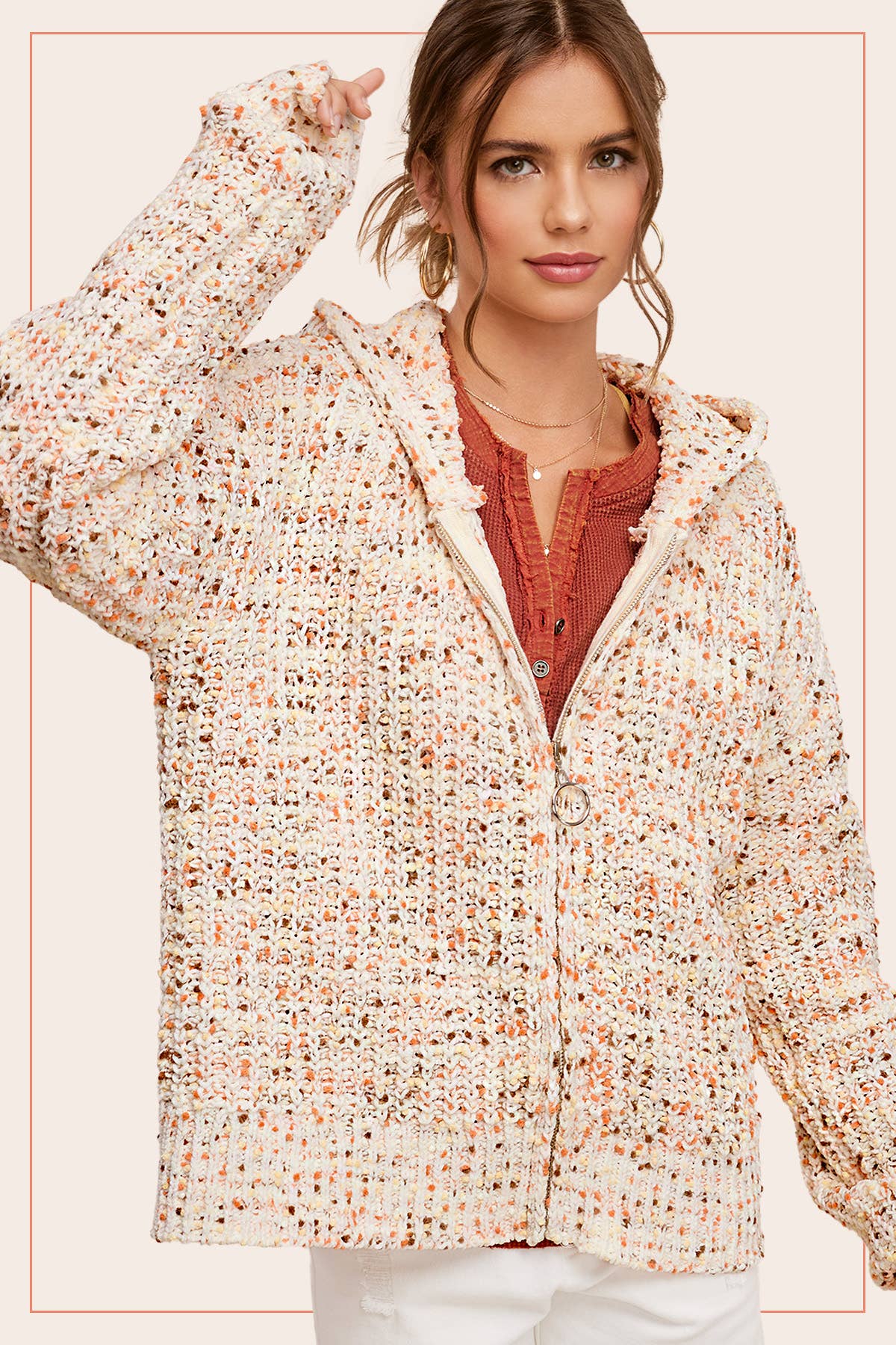 La Miel - Wholesale Hoodie - Women's - JCS3569-Multi Color Confetti Zip-Up Hoodie Sweater2