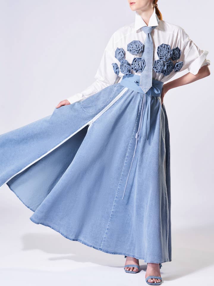 Gonna di jeans blu con cerniere laterali per la vendita all'ingrosso da parte di The Fifth Week