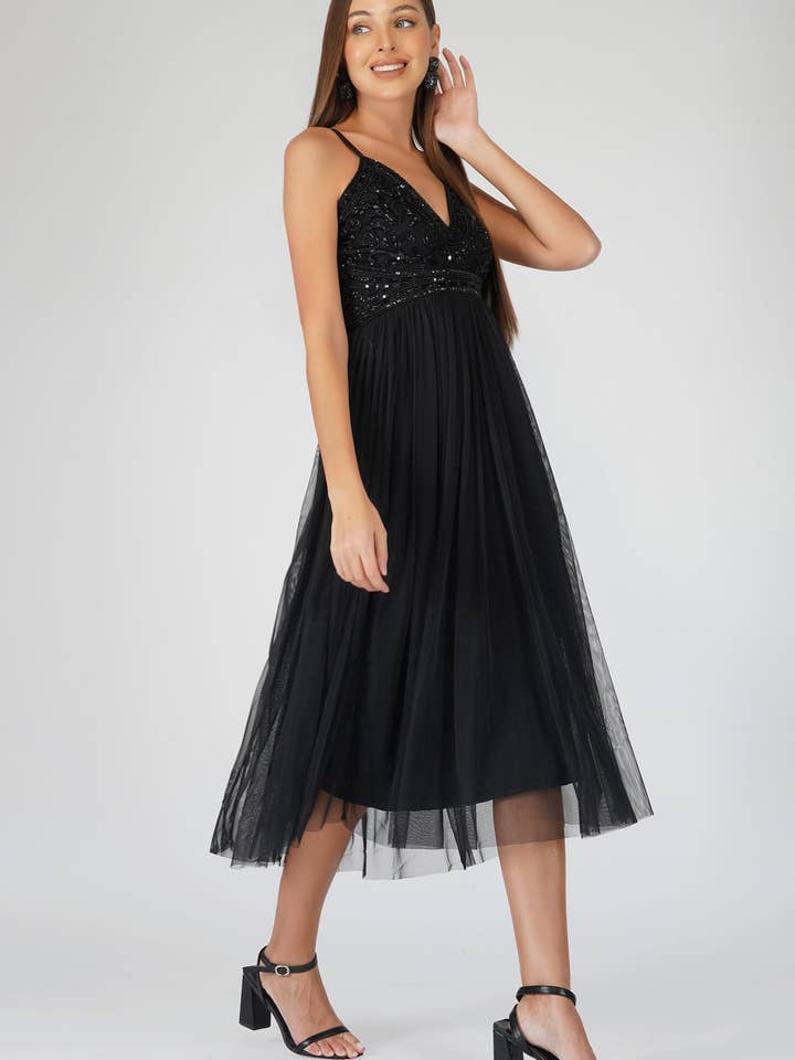 Ruhi Embellished Midi Dress in Black for wholesale by Lace & Beads