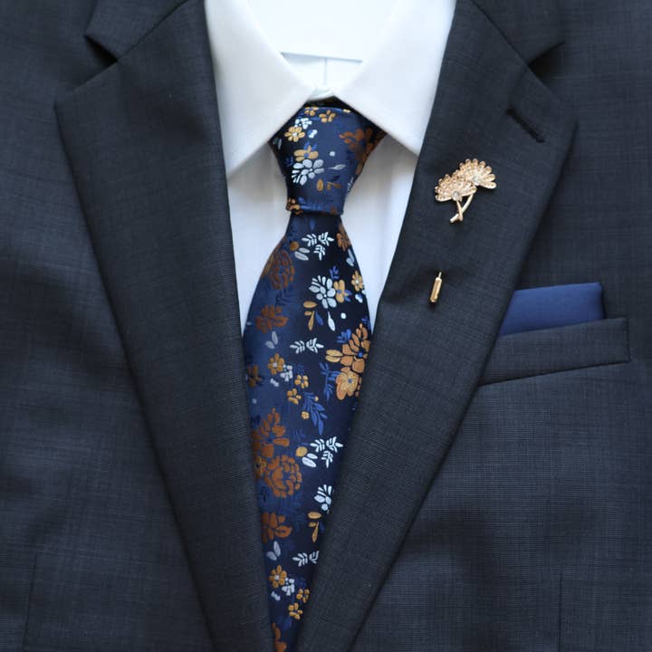 Tie Mood - Wholesale Necktie - Men's - Clara Blue & Gold Floral Tie & Pocket Square Set