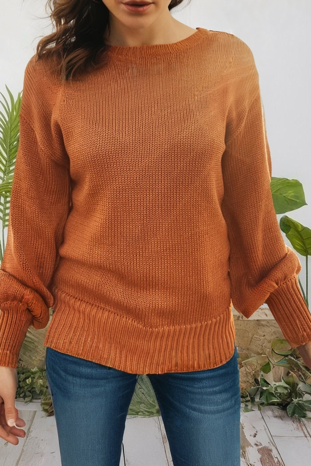 Marron Pull uni orange à épaules tombantes avec bordure côtelée (S-XL) en vente sur Faire0