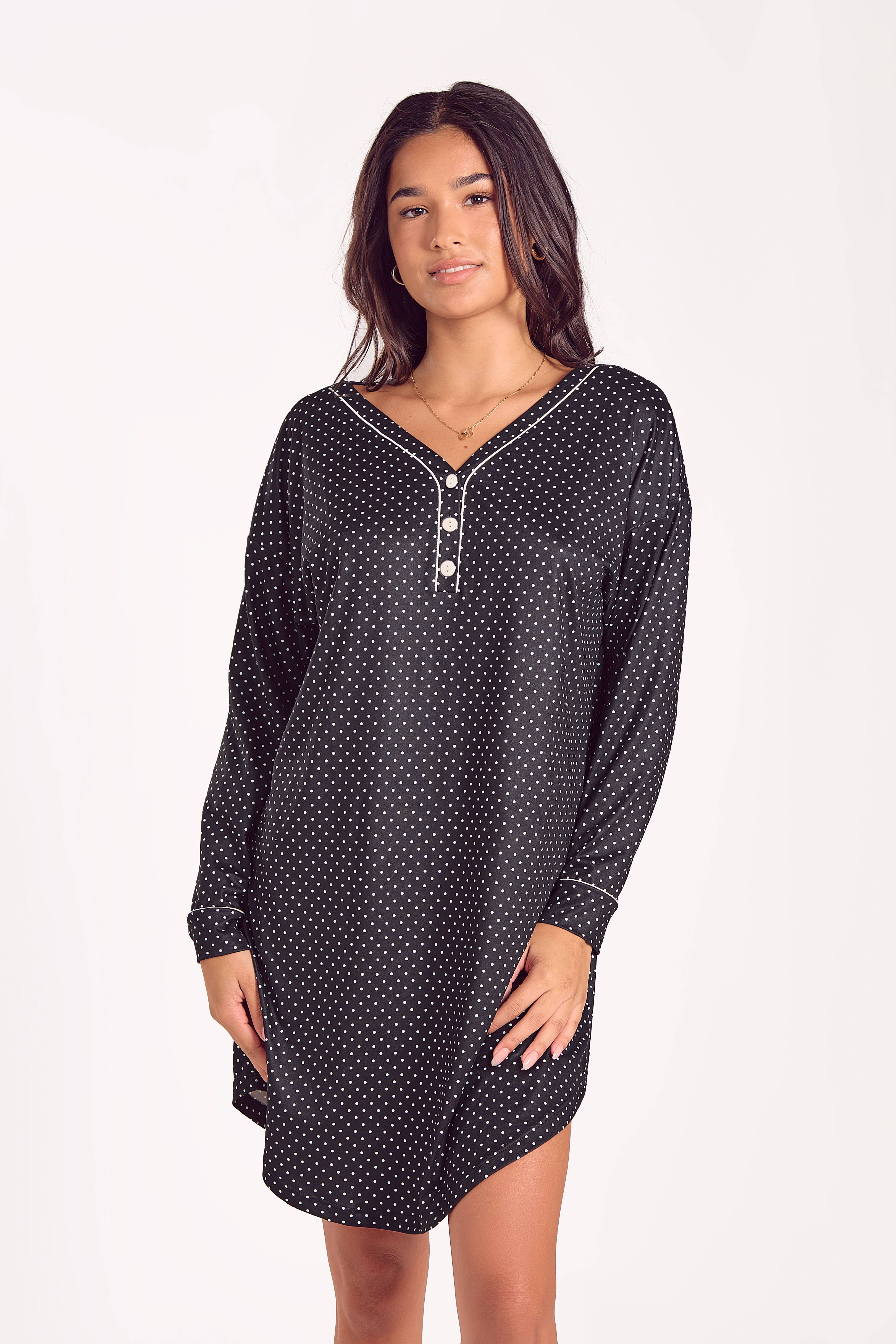 iCollection - Wholesale Nightgown - Women's - Calise Plus Size Stretch-Knit Black L/S Sleep Shirt-Dress2