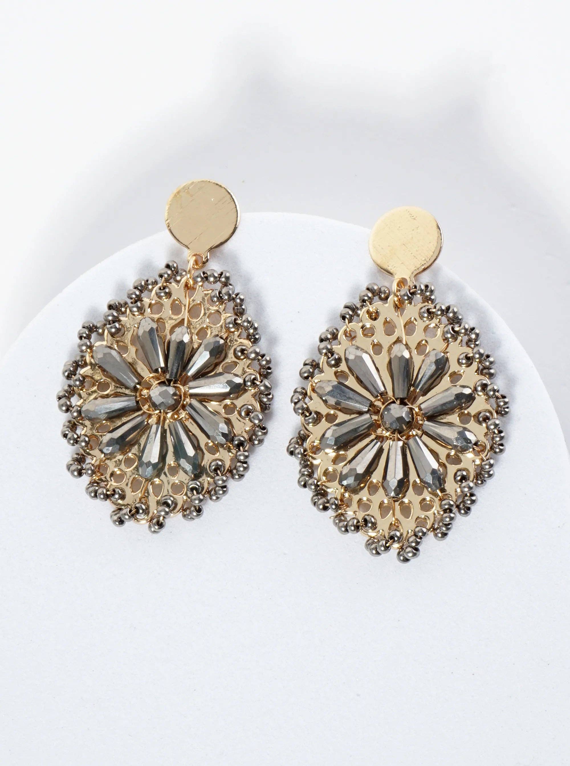 Wild Honey - Wholesale Dangle Earrings - Seed Bead-Wrapped Floral Glass Bead Embellishment Post Drop Earrings0