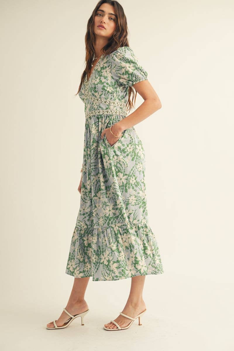 Azul Multi VESTIDO MIDI COM ESTAMPADO FLORAL, DECOTE EM V E BABADOS NA BAINHA para venda a revendedores na Faire4