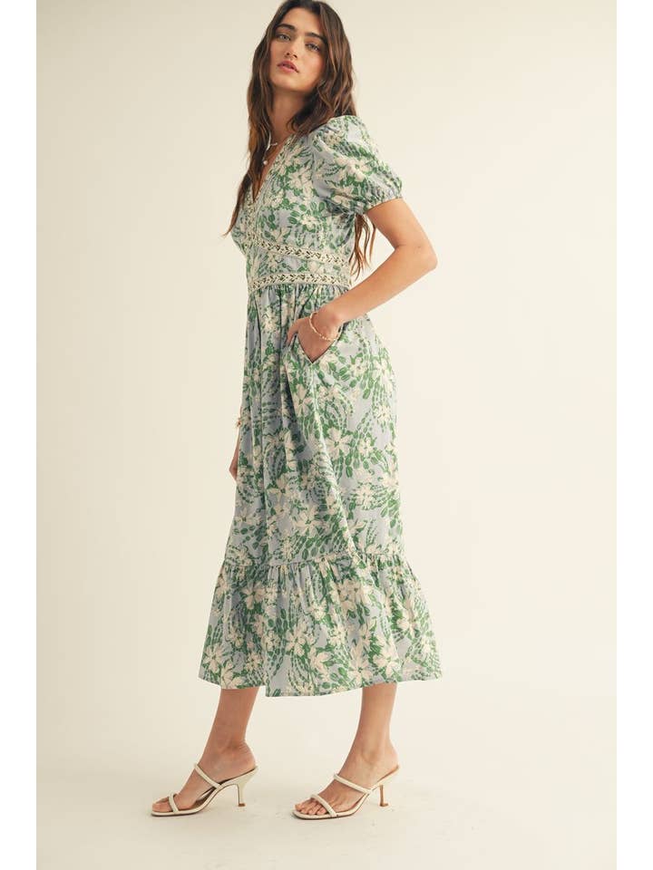 Blu Multi ABITO MIDI CON STAMPA FLOREALE, SCOLLO A V E BALZA SUL FONDO in vendita all'ingrosso su Faire4