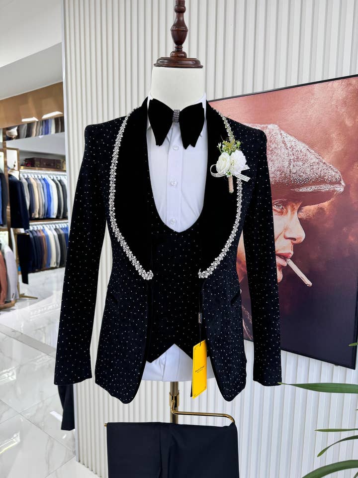 Luxury Men’s Beaded Tuxedo – Regular Fit Single-Breasted Wedding & Formal Suit for wholesale by Fiona Secret Closet