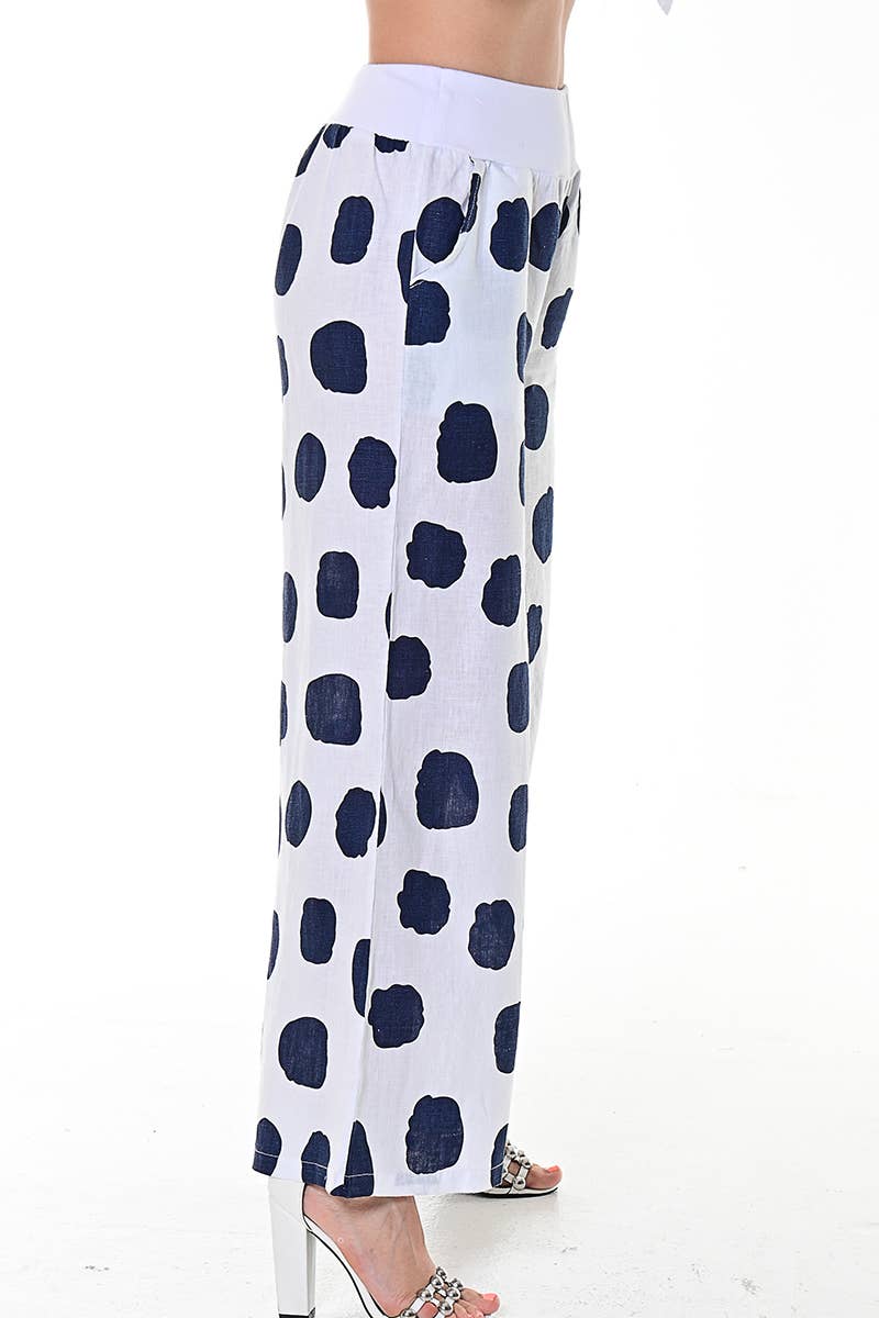 Azucar & Bohio - Wholesale Pants - Women's - Ladies Linen Wide Leg Pants Polka-Dot Print/Cloud by AZUCAR1