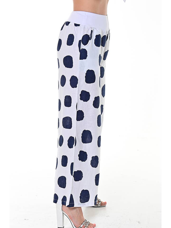 Azucar & Bohio - Venta al por mayor Pantalones - Mujer - Pantalones anchos de lino para mujer con estampado de lunares y nubes de AZUCAR1