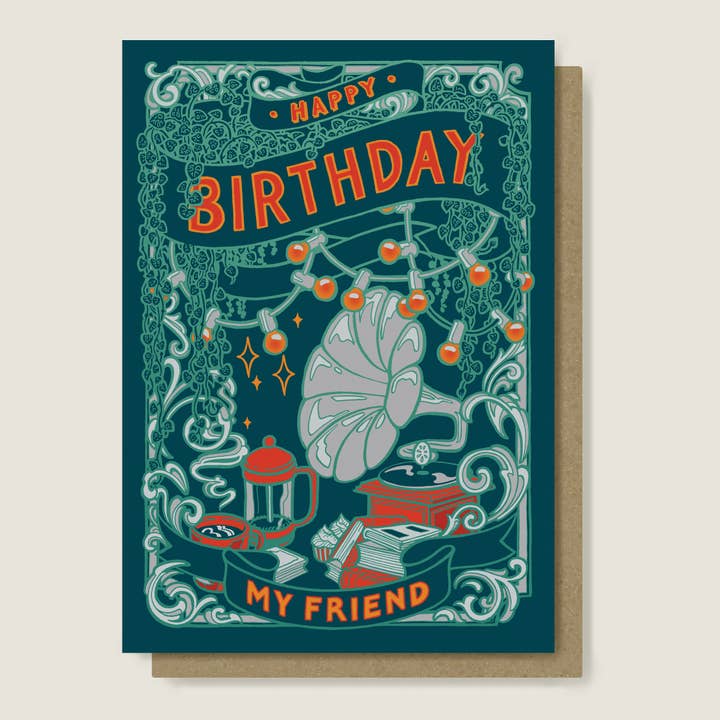 Carte d'anniversaire avec café et musique pour un ami, recyclée pour la vente par flight & fancy