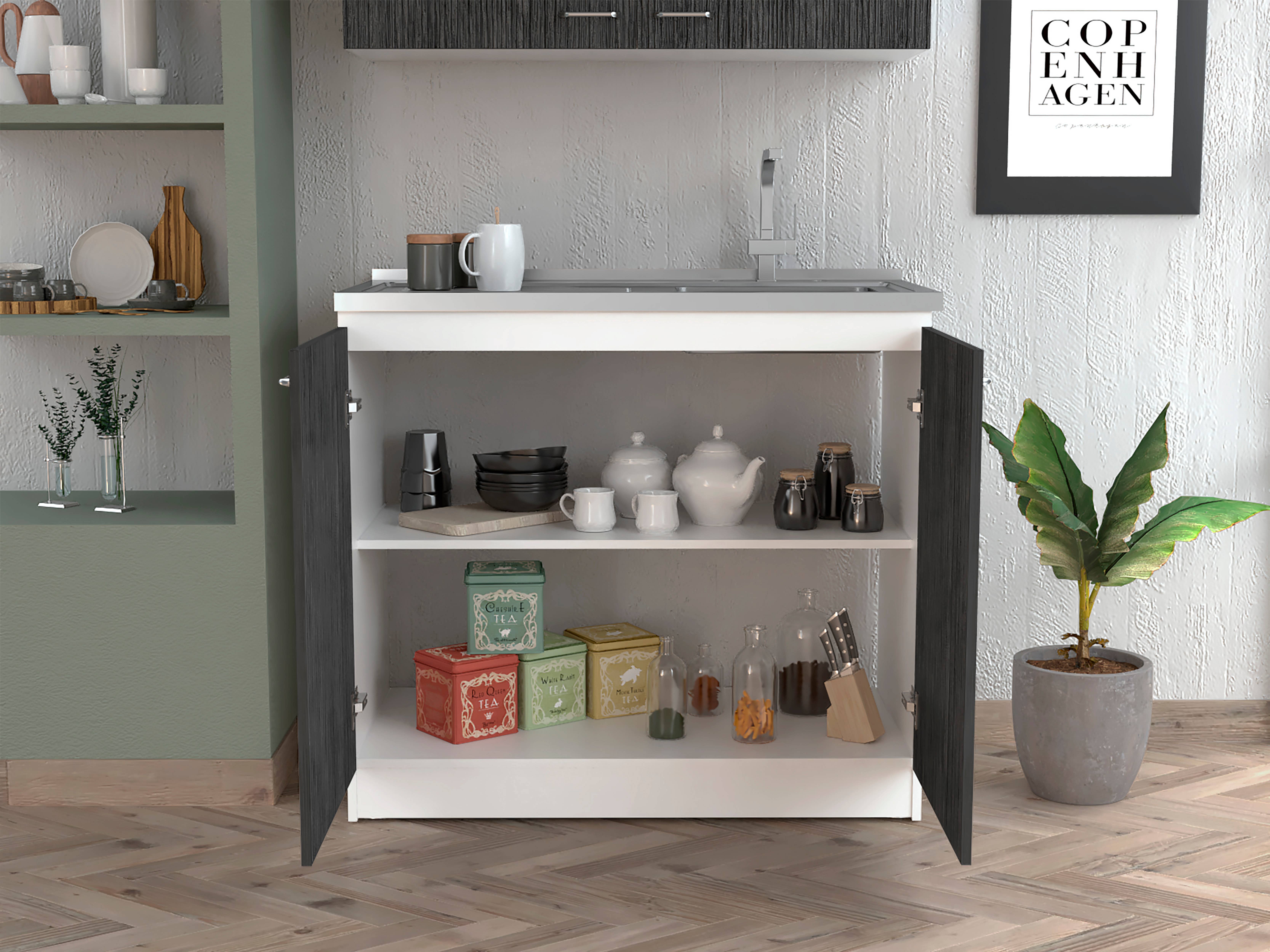 TUHOME FURNITURE – Großhandel Schrank – Napoles Einbauspüle, zwei Regale, Doppeltürschrank21