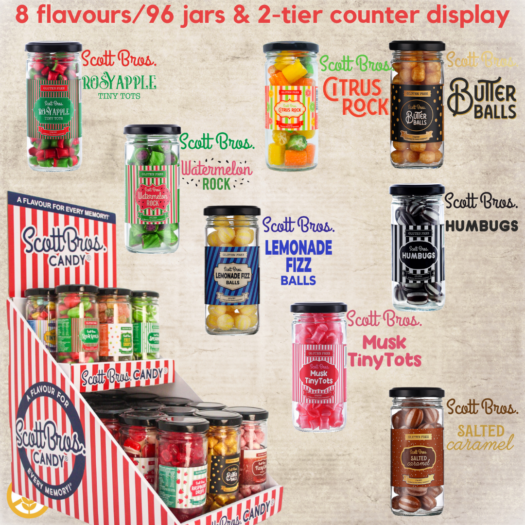 Scott Bros. CANDY - Wholesale Hard Candy - 2-Tier Counter Display #2 - 96 Jars / 8 Flavours 0