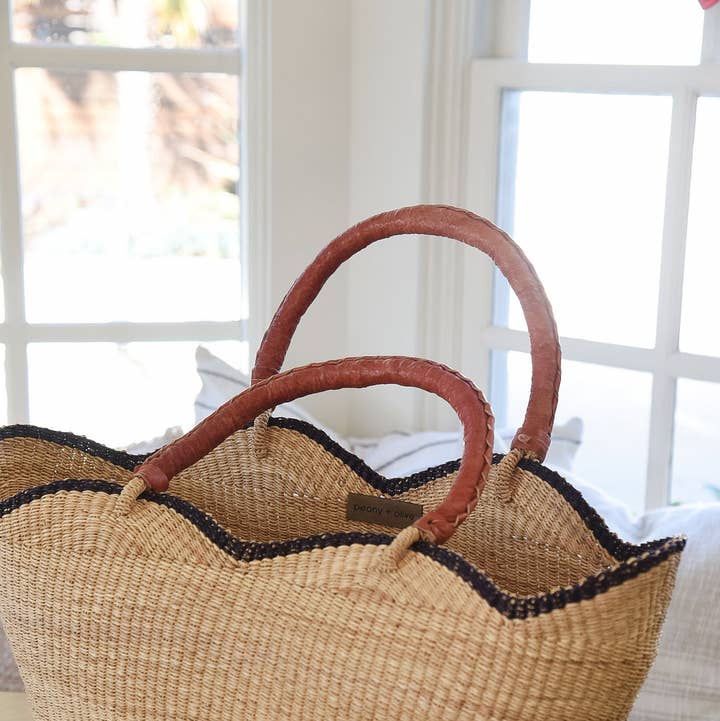Cognac Handle with Navy Handwoven Scallop Tote for wholesale on Faire1