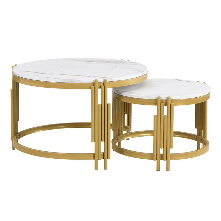 Table basse gigogne ronde MDF effet marbre blanc et pieds dorés ANTARESFLARE pour la vente par Urban Meuble