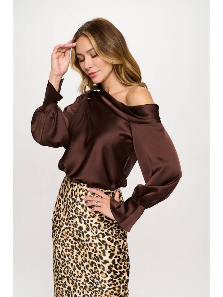 Brown Made in USA Dropped Shoulder Long Sleeve Satin Top for wholesale on Faire
