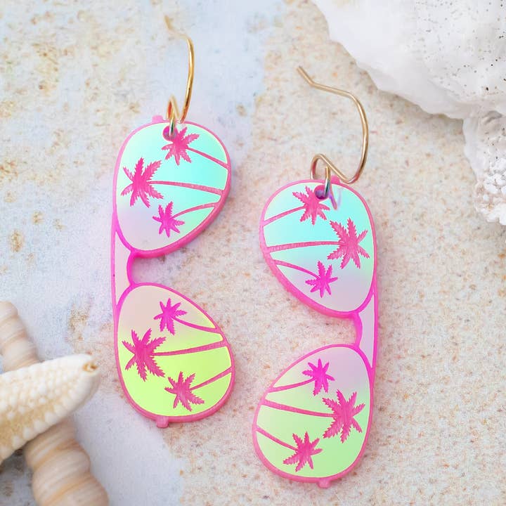 Holographic Sunglasses Earrings, Palm Tree Statement Dangles for wholesale by Momenti di Vita