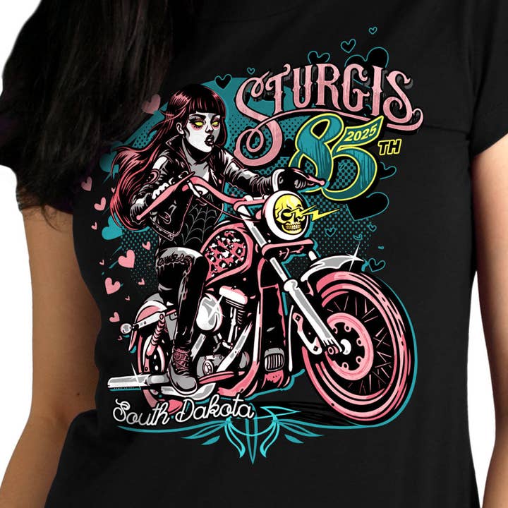 2025 Sturgis Motorcycle Rally Pink Lady Black Ladies Tee for wholesale on Faire2