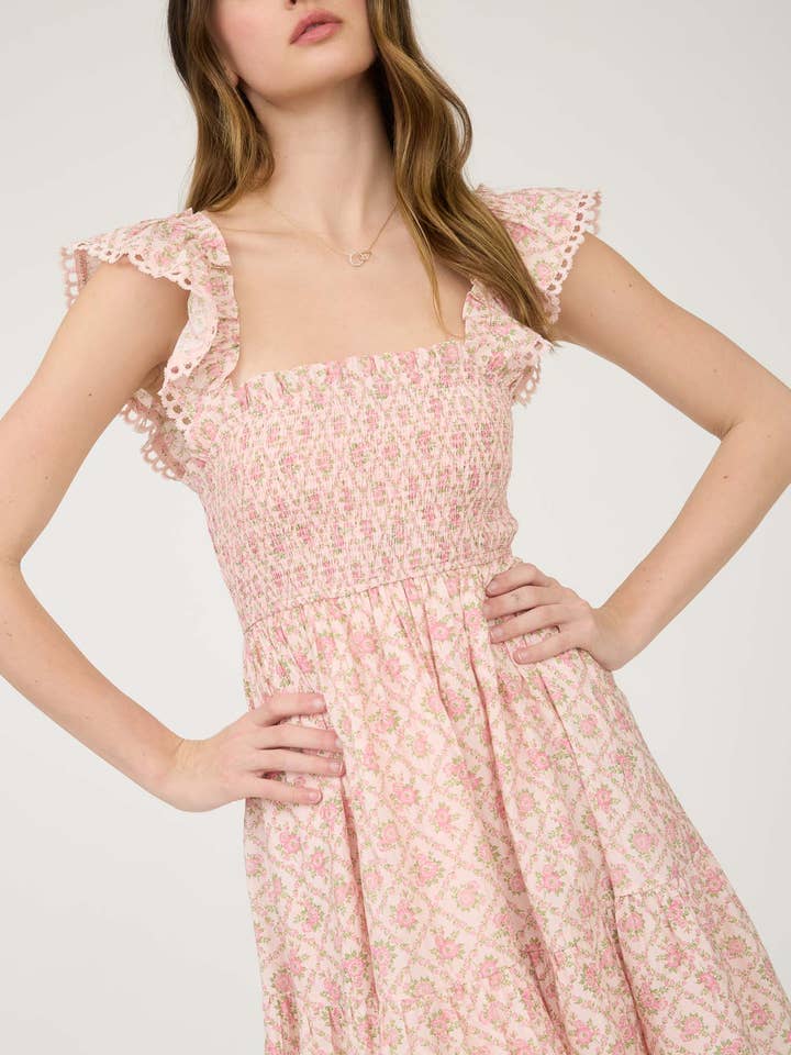 Blu Pepper – Vestido - Mulher por atacado – Vestido mini franzido com padrão de treliça floral