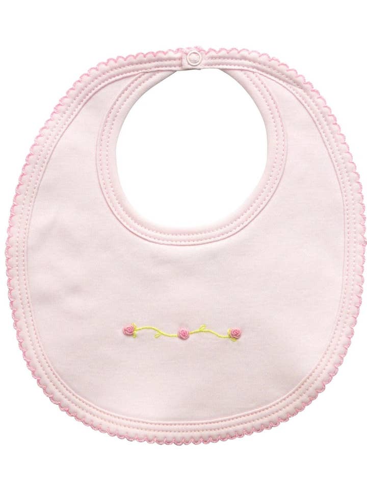 Pink Feathers & Rose Buds Pima Cotton Baby Bib for wholesale by Baby Threads
