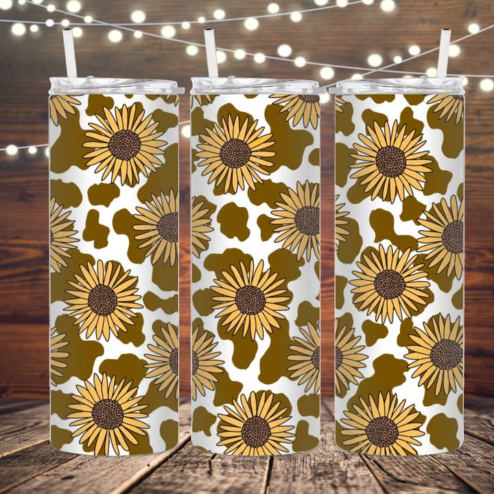 Cow Print and Sunflowers Sublimation Tumbler for wholesale by K. I. Designs