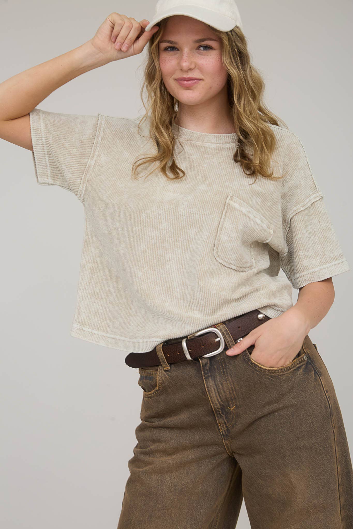 J.O.A - Wholesale Knit Top - Women's - WASHED RIBBED SHORT SLEEVE TEE WITH POCKET25