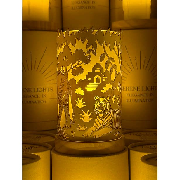 Serene Lights - Wholesale Lantern - Indian Jungle, Decorative Candle Holder – Laser Etched, Handmade Wood Veneer, Rechargeable LED Candle
5