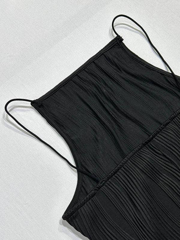 Chicto - Wholesale Dress - Women's - Skinny Sleeveless Pleated Solid Color Split-Back Spaghetti-Neck Maxi Dresses14